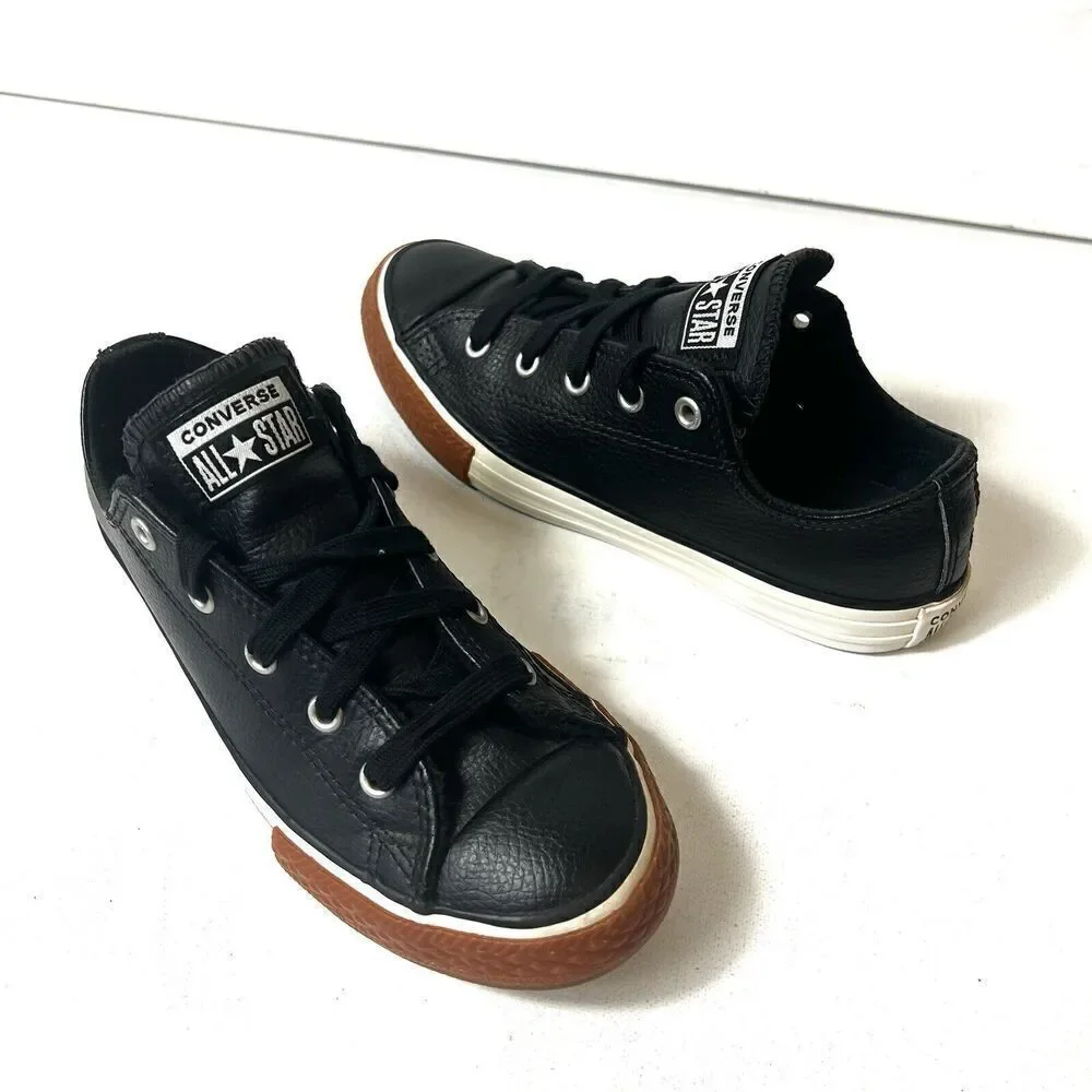 Converse All Star Kids Sz 2 Black Leather Low Top Lace Up Comfort Casual Sneaker